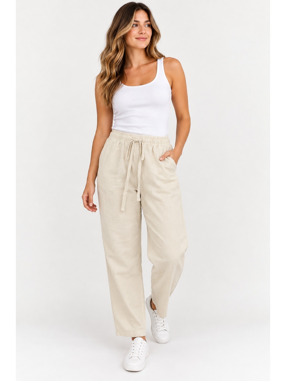 Women's Beige Cream Drawstring Pants Size L Elastic Waist Relaxed Straight Leg